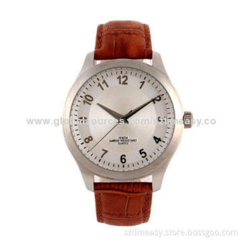 OEM Fashionable Luxury Stainless Steel Watch with Leather Band, 10ATM Water-resistant